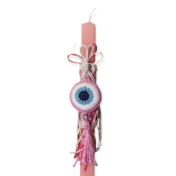 Πλακέ αρωματική λαμπάδα με μπρελόκ πλεχτό ματάκι χρώματος ροζ 33 εκ. - λαμπάδες, ματάκια, για ενήλικες, για εφήβους, μπρελοκ κλειδιών