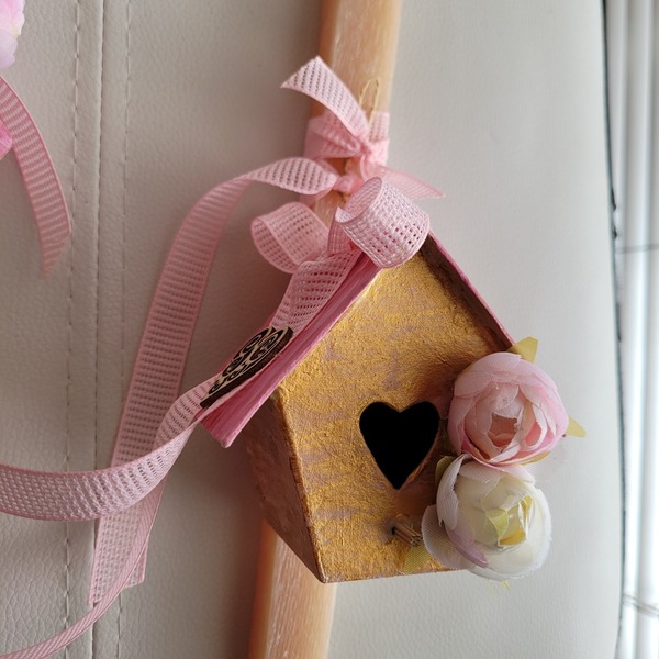 Λαμπάδα κρεμ, ξυστή, αρωματική 29 cm με φωλίτσα με λουλούδια και κορδέλες! - ζωγραφισμένα στο χέρι, κορίτσι, λαμπάδες, σπιτάκι, για ενήλικες - 3