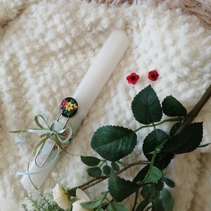 πασχαλινό λευκό αρωματικό λαμπαδάκι 22εκ με σελιδοδείκτη με λουλούδια - λαμπάδες, σελιδοδείκτες, για παιδιά, για ενήλικες, πολυμερικό πηλό - 4