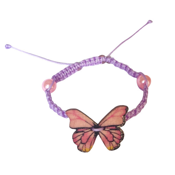 Βραχιόλι πεταλούδα ξύλινη ροζ μακραμέ - γυναικεία, μακραμέ, πεταλούδα, κοσμήματα, αυξομειούμενα