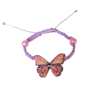 Βραχιόλι πεταλούδα ξύλινη ροζ μακραμέ - κοσμήματα, πεταλούδα, μακραμέ, αυξομειούμενα, γυναικεία