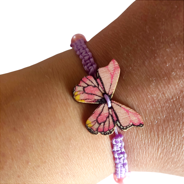 Βραχιόλι πεταλούδα ξύλινη ροζ μακραμέ - γυναικεία, μακραμέ, πεταλούδα, κοσμήματα, αυξομειούμενα - 2