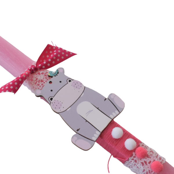 Κοριτσίστικη πασχαλινή λαμπάδα με ιπποπόταμο ξύλινο ροζ 30cm - κορίτσι, λαμπάδες, για παιδιά, ζωάκια, για μωρά