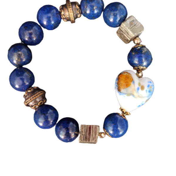 Σκουλαρίκια καρδιές με μπλε Αχάτη - ημιπολύτιμες πέτρες, μπρούντζος, κρεμαστά, μεγάλα - 2
