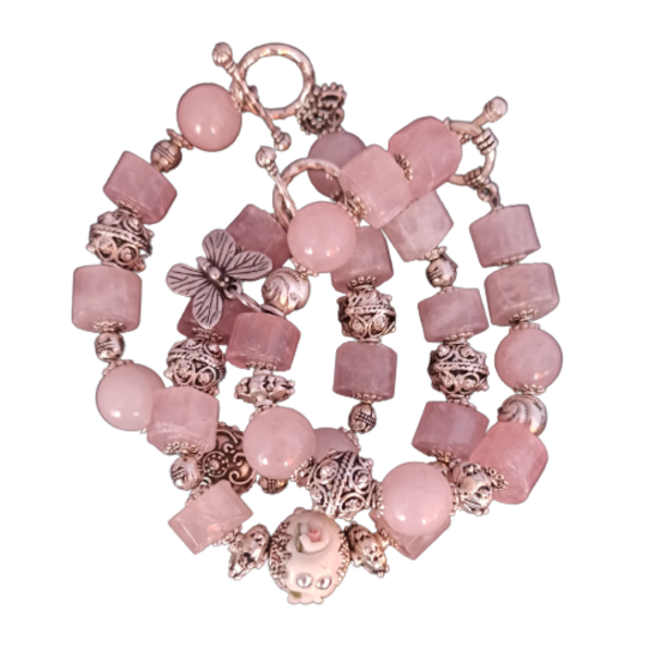 Βραχιόλια με ροζ χαλαζία - ασήμι, ημιπολύτιμες πέτρες, charms, σταθερά, χεριού