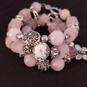 Βραχιόλια με ροζ χαλαζία - ασήμι, ημιπολύτιμες πέτρες, charms, σταθερά, χεριού - 2