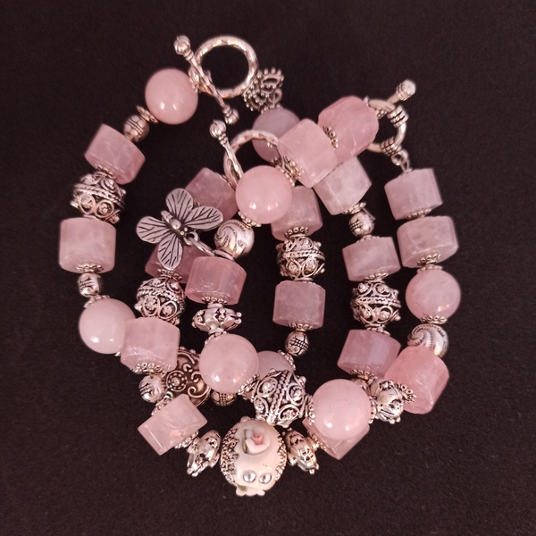 Βραχιόλια με ροζ χαλαζία - ασήμι, ημιπολύτιμες πέτρες, charms, σταθερά, χεριού - 3