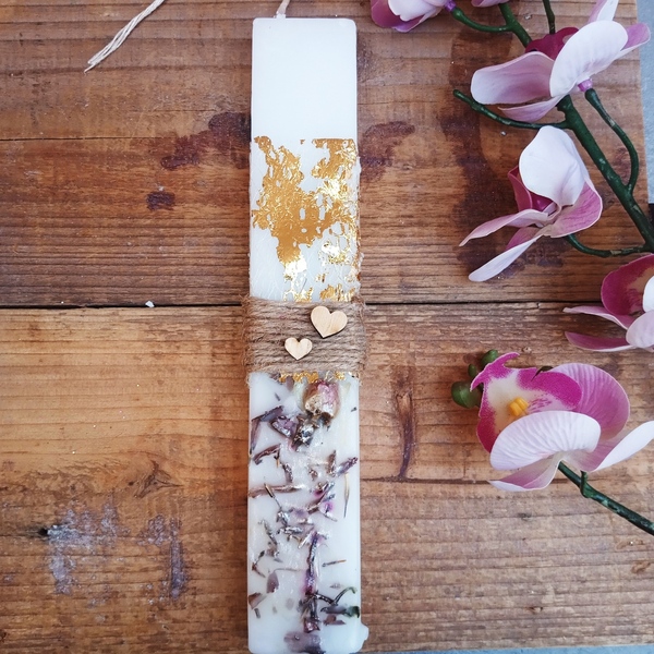 Αρωματική λαμπάδα με αποξηραμένα λουλούδια λευκή χρυσή - μήκος 22 εκ - κορίτσι, λαμπάδες, για ενήλικες, για εφήβους - 3