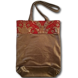 Μεταλιζέ Χειροποίητη τσαντα 32X38, σουετίνη με κόκκινη φάσα, ροζ χρυσό, totebag allday shopper shopping bag - ύφασμα, ώμου, all day, δερματίνη