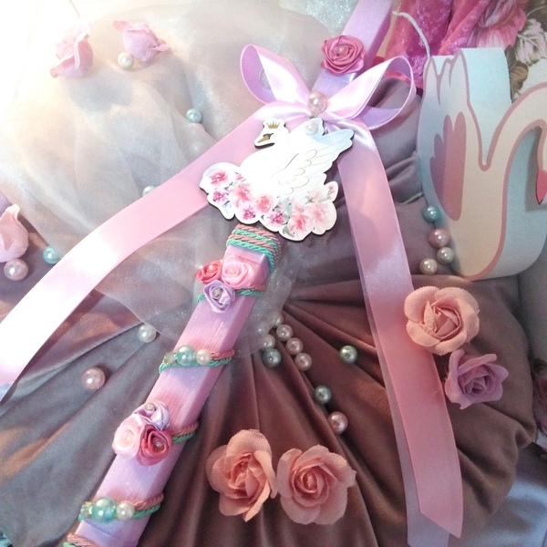 Λαμπάδα για κορίτσι ροζ με floral κύκνο 39cm - κορίτσι, λαμπάδες, για παιδιά - 3