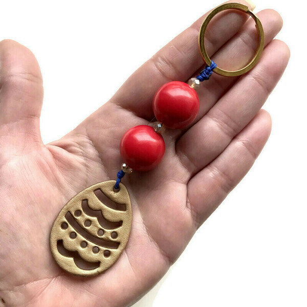 Μπρελόκ κλειδιών αβγό χρυσαφί δερμάτινο κόκκινες χάντρες μεταλλικός κρίκος 13 εκ - δέρμα, πασχαλινά δώρα, αυτοκινήτου, σπιτιού - 2