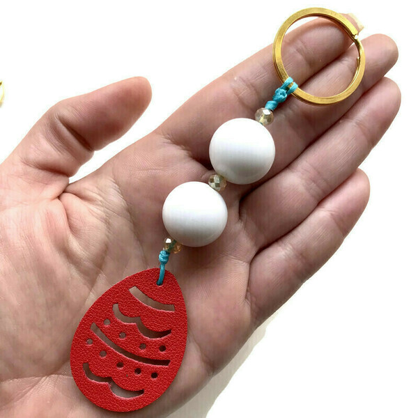Μπρελόκ κλειδιών αβγό κόκκινο δερμάτινο άσπρες χάντρες μεταλλικός κρίκος 13 εκ - δέρμα, πασχαλινά δώρα, αυτοκινήτου, σπιτιού - 2