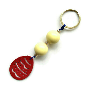 Μπρελόκ κλειδιών αβγό κόκκινο δερμάτινο κίτρινες χάντρες μεταλλικός κρίκος 13 εκ - δέρμα, πασχαλινά δώρα, αυτοκινήτου, σπιτιού
