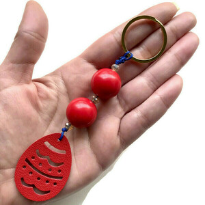 Μπρελόκ κλειδιών αβγό κόκκινο δερμάτινο κόκκινες χάντρες μεταλλικός κρίκος 13 εκ - δέρμα, πασχαλινά δώρα, αυτοκινήτου, σπιτιού - 2