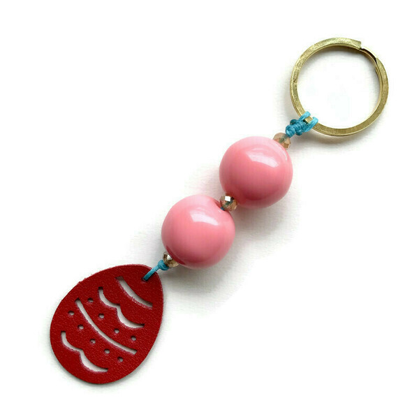 Μπρελόκ κλειδιών αβγό κόκκινο δερμάτινο ροζ χάντρες μεταλλικός κρίκος 13 εκ - δέρμα, πασχαλινά δώρα, αυτοκινήτου, σπιτιού