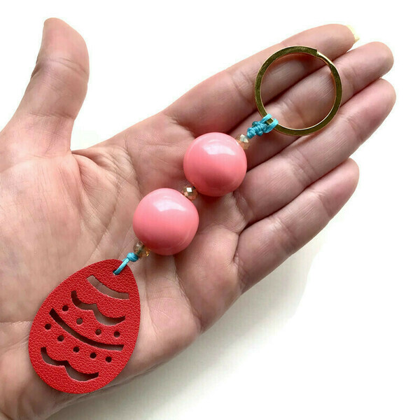 Μπρελόκ κλειδιών αβγό κόκκινο δερμάτινο ροζ χάντρες μεταλλικός κρίκος 13 εκ - δέρμα, πασχαλινά δώρα, αυτοκινήτου, σπιτιού - 2