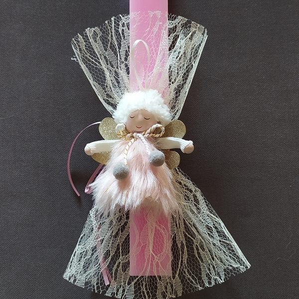 Αρωματική πλακέ ροζ λαμπάδα (30cm) με κουκλάκι - κορίτσι, λαμπάδες, για παιδιά, πασχαλινά δώρα, για μωρά - 5