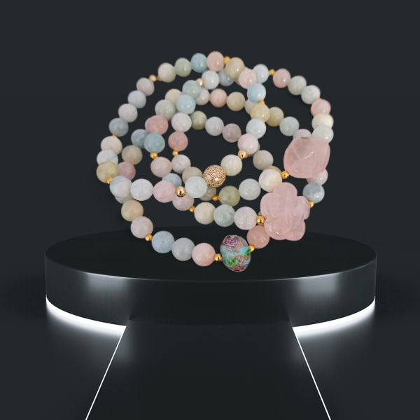 Βήρυλλος και ροζ χαλαζίας με ατσάλινα διακοσμητικά. - ημιπολύτιμες πέτρες, πολύσειρα, ζευγάρια, χεριού, αυξομειούμενα - 3