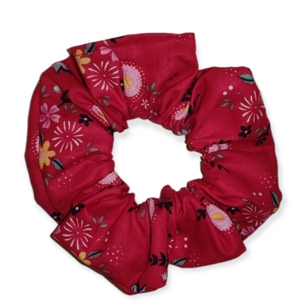 Scrunchie ανοιξιάτικο floral κόκκινο - ύφασμα, λαστιχάκια μαλλιών