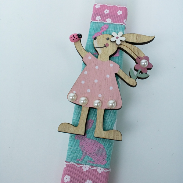 Χειροποίητη Πασχαλινή Λαμπάδα με ξύλινο ροζ κουνελάκι, 30εκ., "Girly Bunny". - κορίτσι, λαμπάδες, για παιδιά, για μωρά - 2