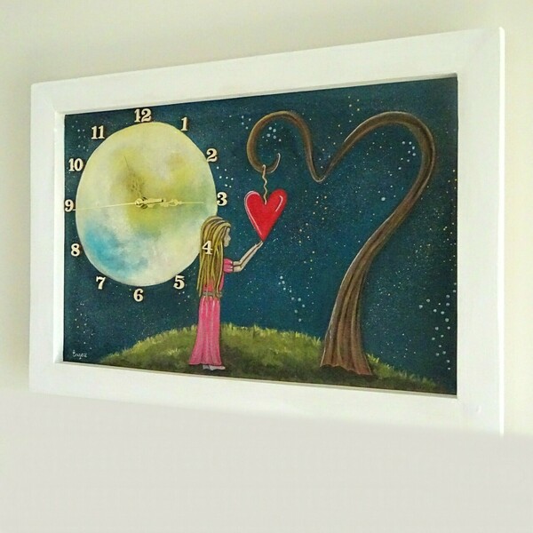 Παιδικό ζωγραφισμένο ρολόι τοίχου με κοριτσάκι και καρδιά - ξύλο, κορίτσι, τοίχου, δώρα για παιδιά, ρολόγια - 4