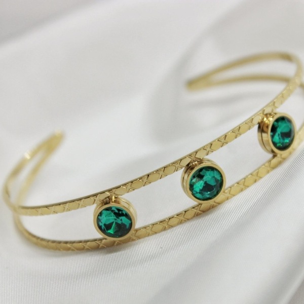 Emerald• Χειροπέδα από ανοξείδωτο ατσάλι σε χρυσό χρώμα με πράσινα διαμαντάκια - επιχρυσωμένα, ατσάλι, χειροπέδες, αυξομειούμενα - 2