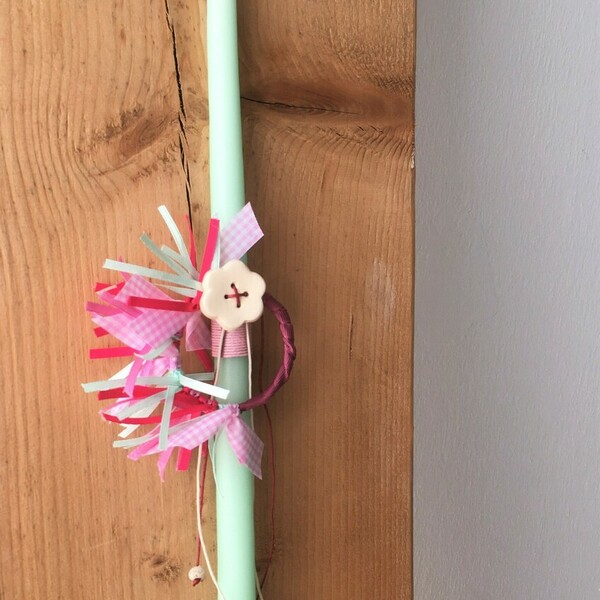 Λαμπάδα Λουλουδάκι - Χρώμα μέντας με χειροποίητο κεραμικό (36*5εκ) - κορίτσι, λουλούδια, λαμπάδες, κεραμικό, για παιδιά - 2