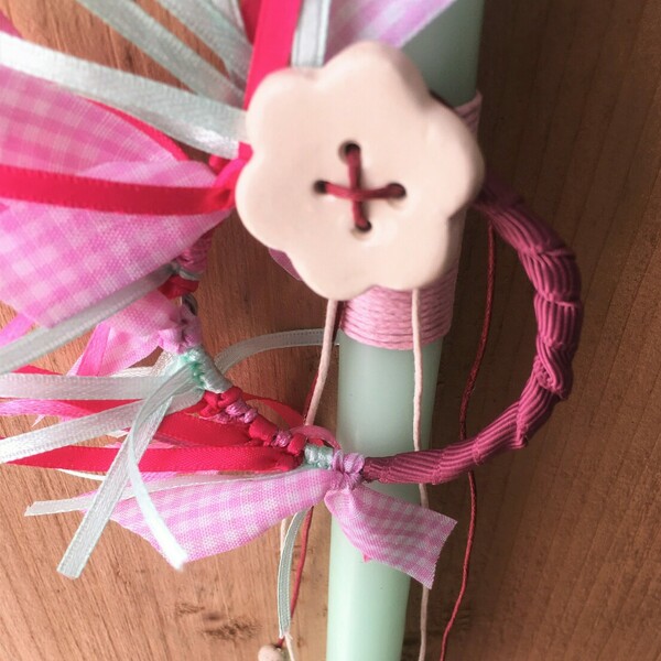 Λαμπάδα Λουλουδάκι - Χρώμα μέντας με χειροποίητο κεραμικό (36*5εκ) - κορίτσι, λουλούδια, λαμπάδες, κεραμικό, για παιδιά - 3