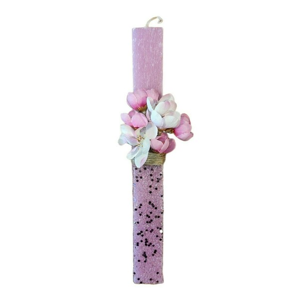 Λαμπάδα ροζ με λουλούδια ροζ και άσπρα - μήκος 30 εκ - κορίτσι, λουλούδια, λαμπάδες, για ενήλικες, για εφήβους