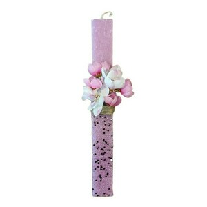Λαμπάδα ροζ με λουλούδια ροζ και άσπρα - μήκος 30 εκ - λαμπάδες, για ενήλικες, κορίτσι, λουλούδια, για εφήβους