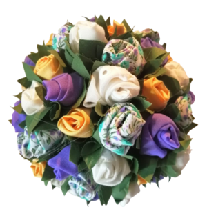 Χειροποίητη μπάλα safran με υφασμάτινα λουλούδια 16cm - χειροποίητα, λουλούδια, ύφασμα