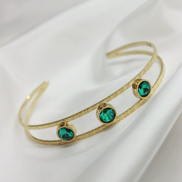 Emerald• Χειροπέδα από ανοξείδωτο ατσάλι σε χρυσό χρώμα με πράσινα διαμαντάκια - επιχρυσωμένα, ατσάλι, χειροπέδες, αυξομειούμενα - 3