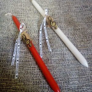 Λαμπάδες για ζευγάρια λευκή κ κόκκινη με ξύλινο κλειδί σολ - λαμπάδες, unisex, ζευγάρια, για ενήλικες - 2