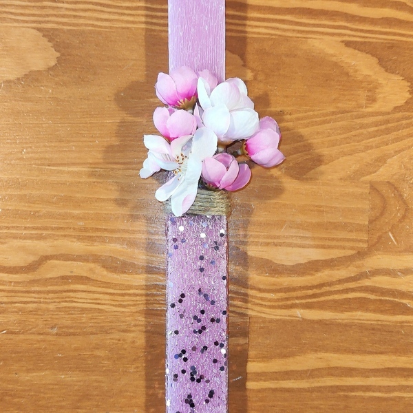 Λαμπάδα ροζ με λουλούδια ροζ και άσπρα - μήκος 30 εκ - κορίτσι, λουλούδια, λαμπάδες, για ενήλικες, για εφήβους - 2