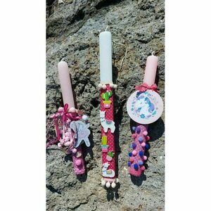 Λαμπάδα μονόκερος με πομ πομ, οβάλ ροζ κερί 30cm με άρωμα - κορίτσι, λαμπάδες, μονόκερος, για παιδιά, για μωρά - 2