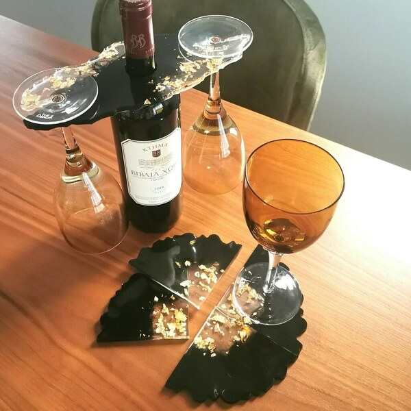Βάση για ποτήρια κρασιού από υγρό γυαλί με φύλλα χρυσού - επιχρυσωμένα, ρητίνη, διακοσμητικά - 2