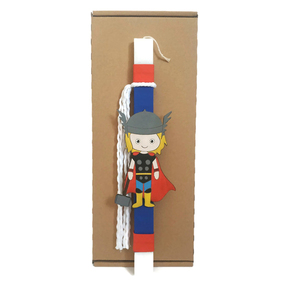 Πασχαλινή παιδική λαμπάδα με ξύλινο στοιχείο Σούπερ ήρωα με σφυρί 14cm - αγόρι, λαμπάδες, για παιδιά, σούπερ ήρωες
