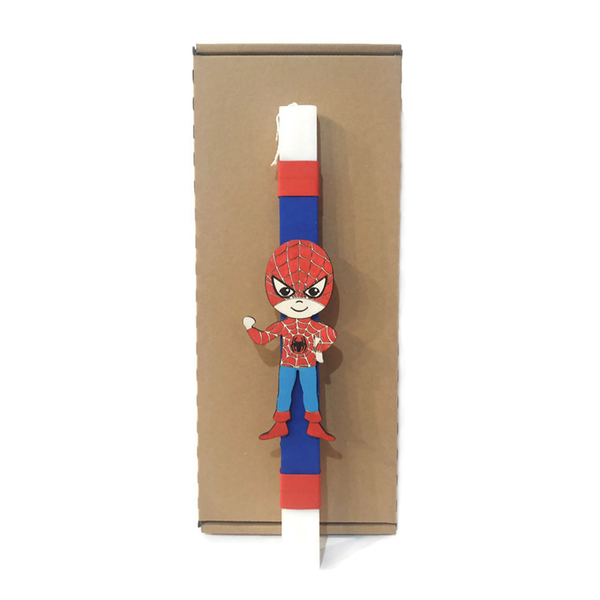 Πασχαλινή παιδική λαμπάδα με ξύλινο στοιχείο Σούπερ ήρωα αράχνη 14cm - αγόρι, λαμπάδες, για παιδιά, σούπερ ήρωες