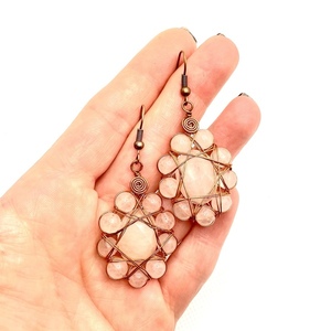 Σκουλαρίκια από χαλκό με πέτρες ροζ χαλαζία - ημιπολύτιμες πέτρες, χαλκός, κρεμαστά, γάντζος - 3