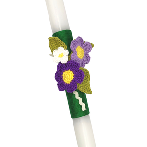 Λευκή λαμπάδα 36εκ με πλεκτά λουλούδια μωβ, λευκό και λιλά - κορίτσι, λουλούδια, λαμπάδες, για ενήλικες, για εφήβους - 2