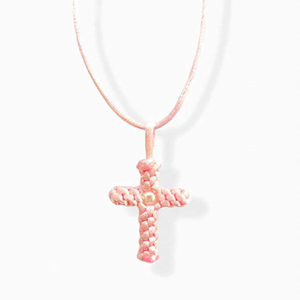 Αγιορείτικο Σταυρουδάκι Λαιμού, σταυρός με κορδόνι, τεχνική μακραμέ. Χρώματος Ροζ - σταυρός, μακραμέ, μακριά
