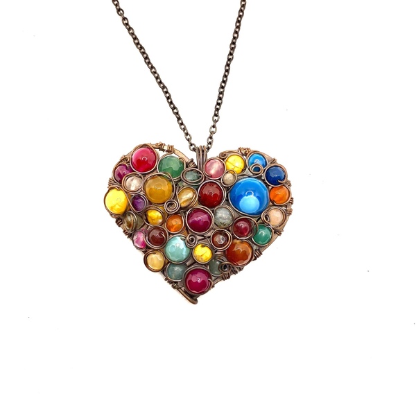 Μενταγιόν καρδιά από οξειδωμένο χαλκό με χρωματιστούς αχάτες, 6x5 - ημιπολύτιμες πέτρες, χαλκός, καρδιά, μακριά, μενταγιόν