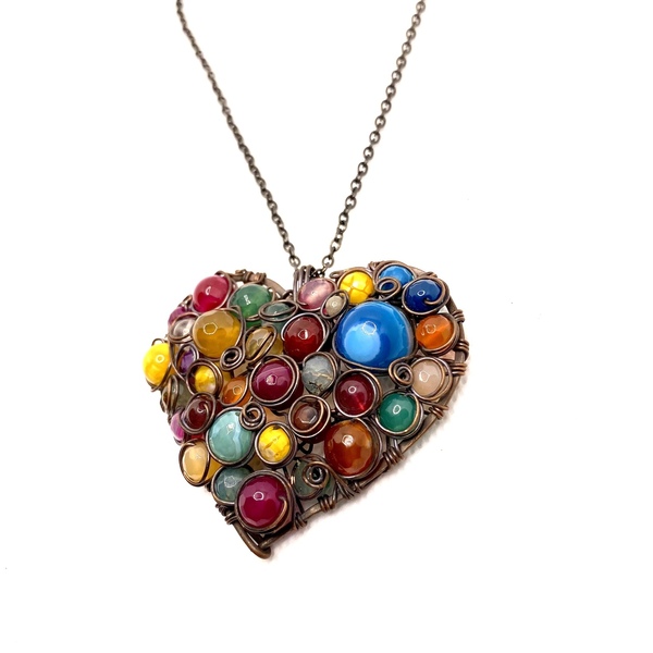 Μενταγιόν καρδιά από οξειδωμένο χαλκό με χρωματιστούς αχάτες, 6x5 - ημιπολύτιμες πέτρες, χαλκός, καρδιά, μακριά, μενταγιόν - 2
