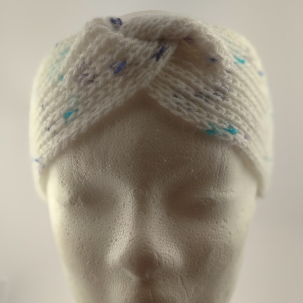 Πλεκτή κορδέλα μαλλιών λευκό με πιτσίλιες - ακρυλικό, σκουφάκια, headbands - 2