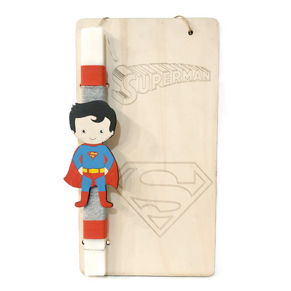 Πασχαλινή παιδική λαμπάδα με πλάτη και ξύλινο στοιχείο Super Ήρωα 14cm - αγόρι, λαμπάδες, για παιδιά, σούπερ ήρωες