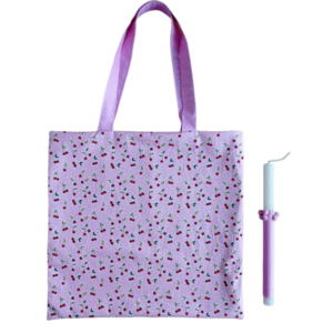Πασχαλινή λαμπάδα με τσάντα tote για τα ψώνια κερασάκια σε ροζ πουά - λαμπάδες, για εφήβους, για ενήλικες, κορίτσι, σετ