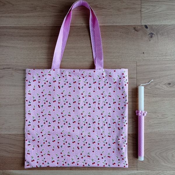 Πασχαλινή λαμπάδα με τσάντα tote για τα ψώνια κερασάκια σε ροζ πουά - κορίτσι, λαμπάδες, σετ, για ενήλικες, για εφήβους - 2