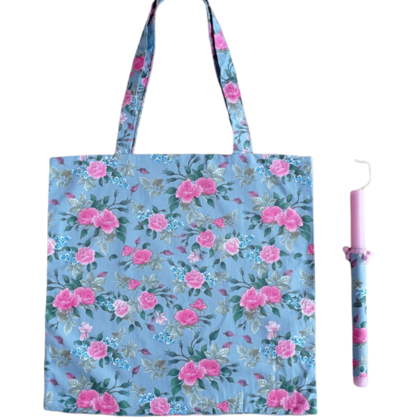 Πασχαλινή λαμπάδα με τσάντα tote για τα ψώνια φλοράλ γκρι - κορίτσι, λουλούδια, λαμπάδες, για ενήλικες, για εφήβους