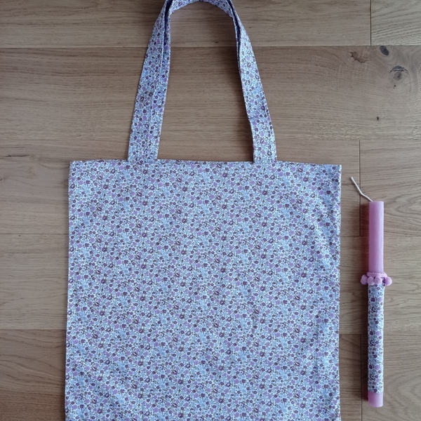 Πασχαλινή λαμπάδα με τσάντα tote για τα ψώνια φλοράλ λιλά - κορίτσι, λουλούδια, λαμπάδες, για ενήλικες, για εφήβους - 2