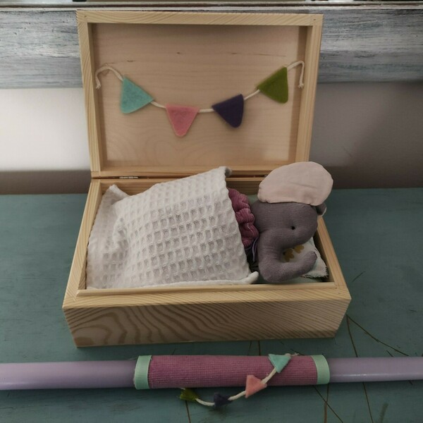 Λαμπάδα με ελεφαντάκι και ξύλινο κρεββάτι/κουτί - λαμπάδες, για παιδιά, ζωάκια, για μωρά, παιχνιδολαμπάδες - 3